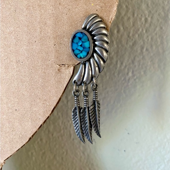 Pewter Turquoise Feather Earrings - Picture 4 of 7